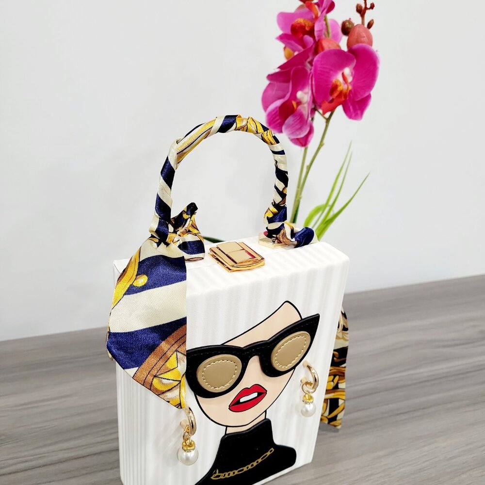 Fashion Lady Face Trendy Box Handbag for Women w/Pearl Earrings, Scarf Handle - Picture 15 of 16
